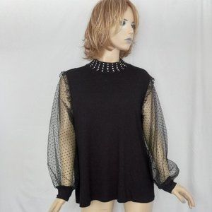 NWT BELLDINI Black Puffy Sheer Polka Dot Sleeve Sweater Studded Mock Neck Glam!